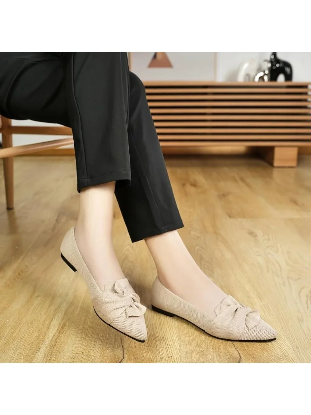 Women's Beige Pointed Toe Ballet Flats with Bow Comfortable Knit Dressy Shoes